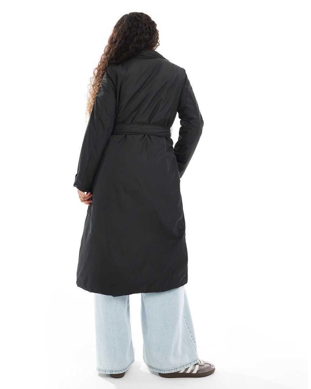 Brave Soul Black Long Double Breasted Padded Coat With Belt