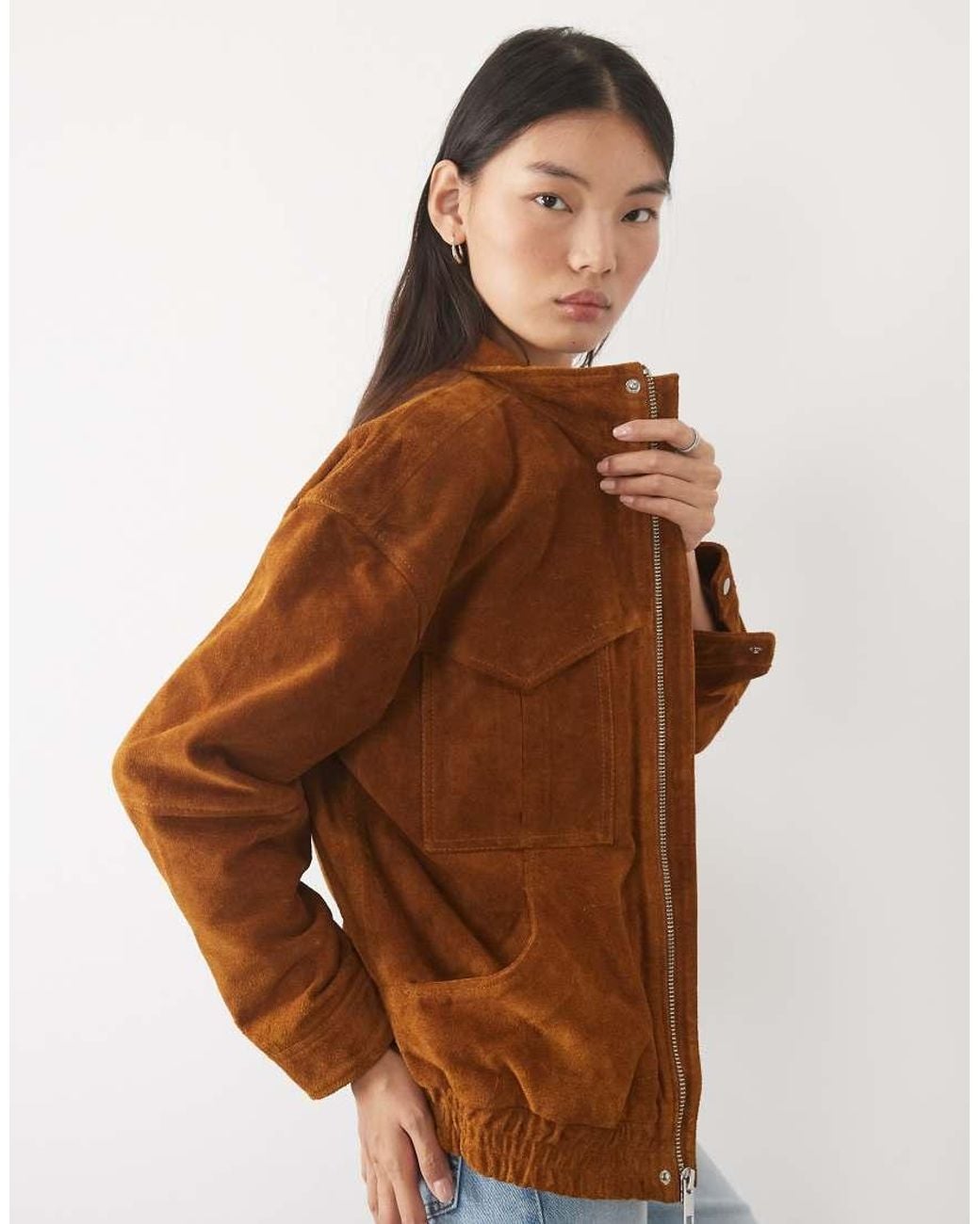Barney's Originals Brown Real Suede Funnel Neck Bomber Jacket