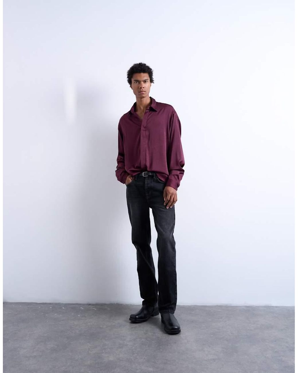 Topman Purple Oversized Fit Sateen Shirt for men