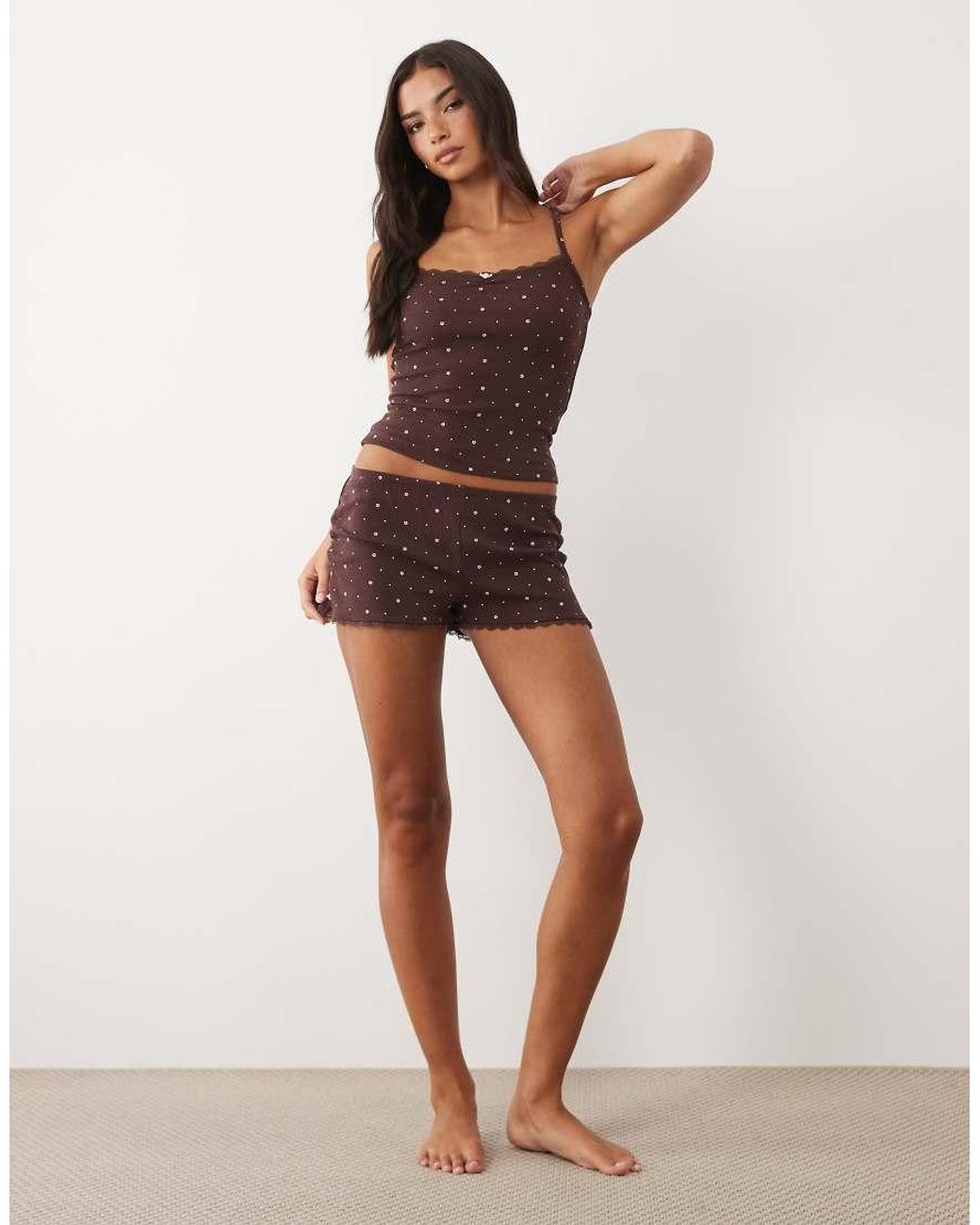 Boux Avenue Brown Floral Pointelle Shorts And Cami Set