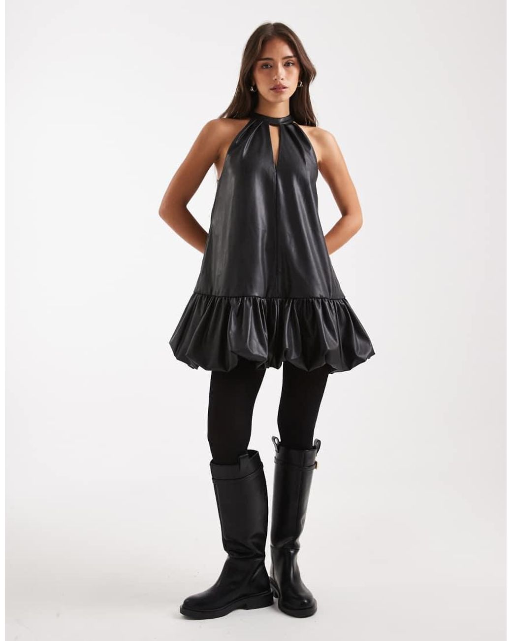 Miss Selfridge Black Faux Leather Bubble Hem Mini Dress