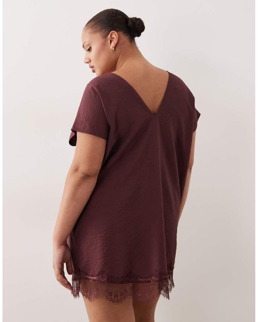 ASOS Red Asos Design Curve V Neck Shift Lace Crinkle Satin Mini Dress