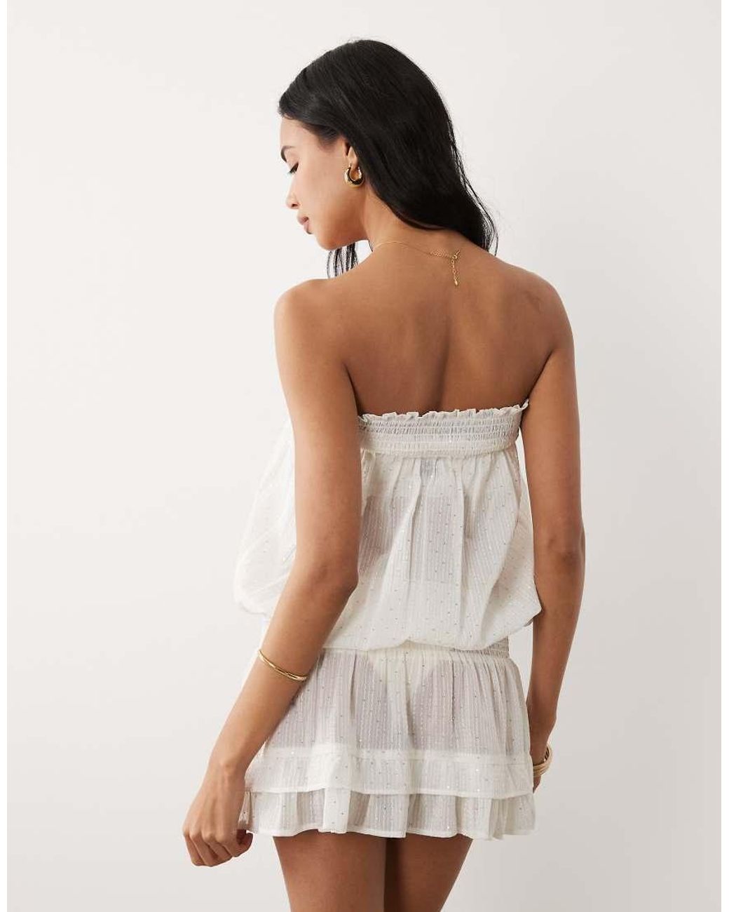 Miss Selfridge White Beach Bandeau Mirror Shirred Waist Mini Dress