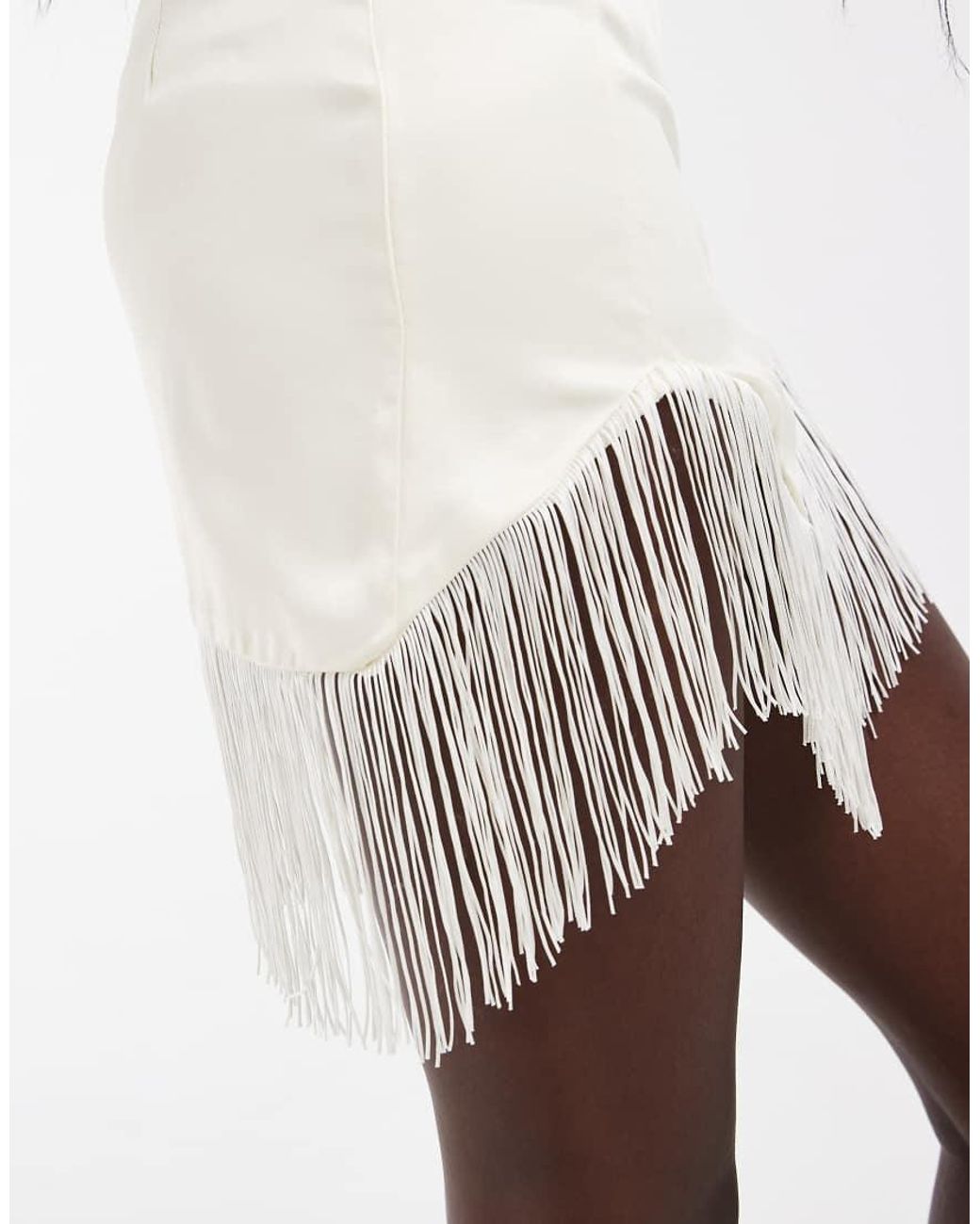 ASOS White Satin Low Rise Fringe Mini Skirt
