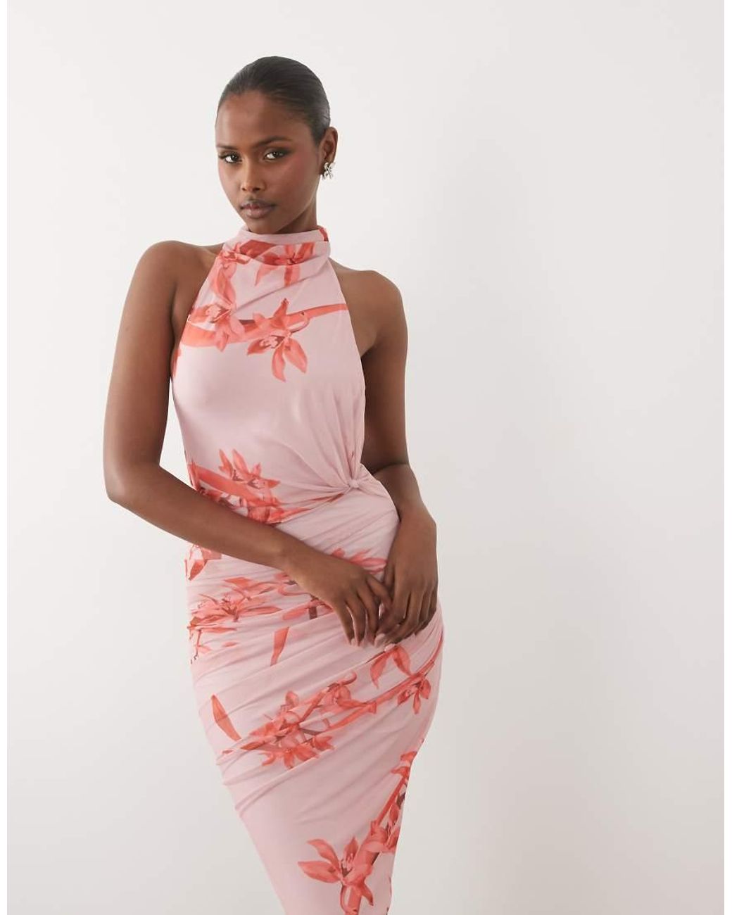ASOS Pink Mesh Twist Bust Detail Halter Maxi Dress With Tie Back Neck