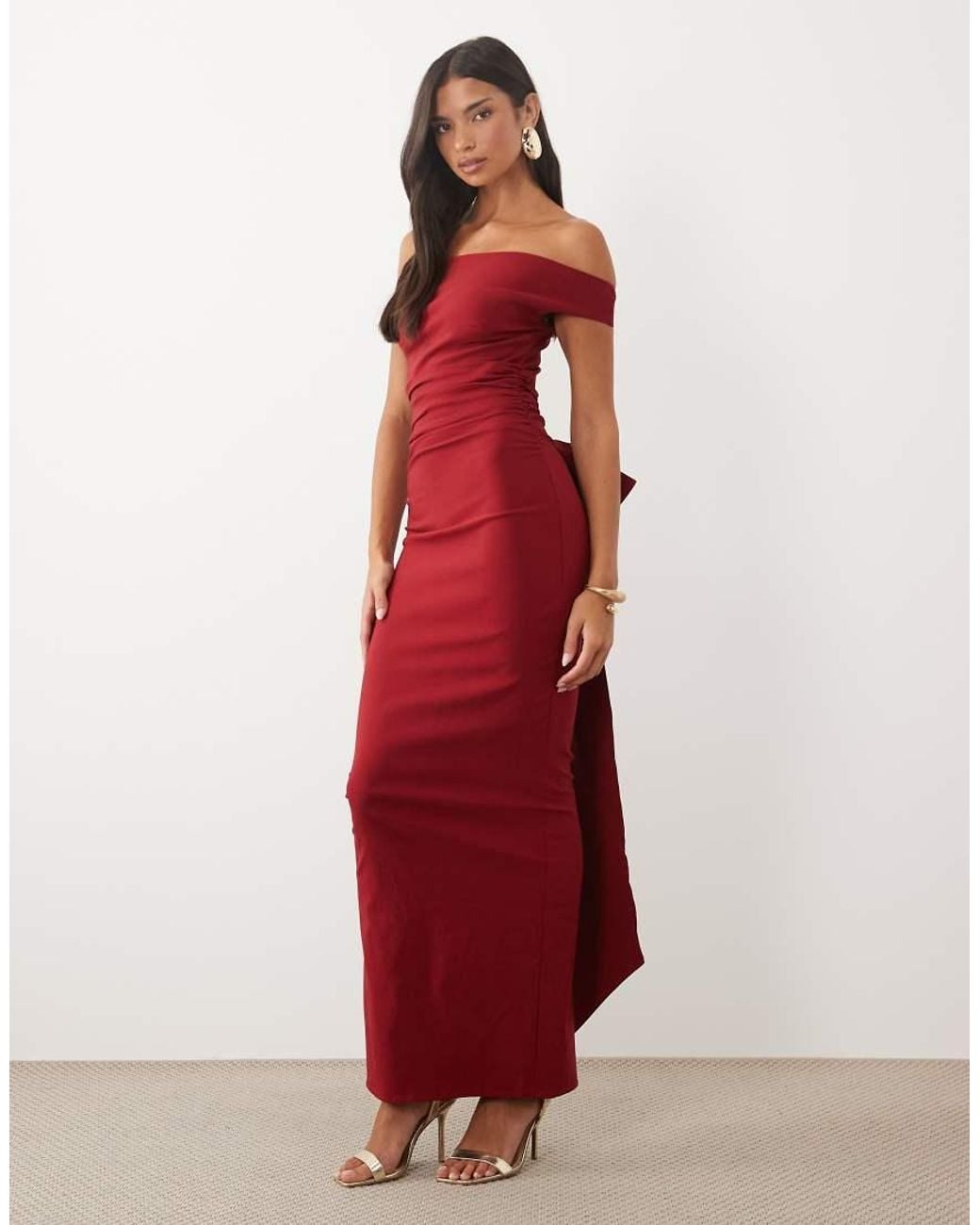 TFNC London Red Bengaline Bardot Bow Back Maxi Dress