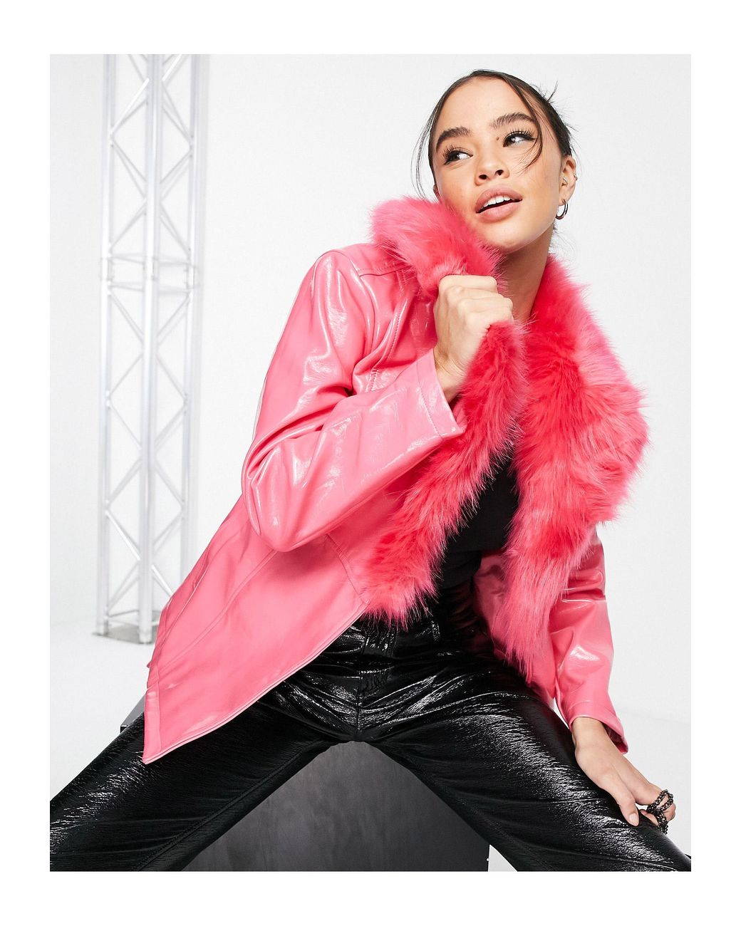 TOPSHOP Pu & Faux Fur Trim Belted Coat in Pink | Lyst