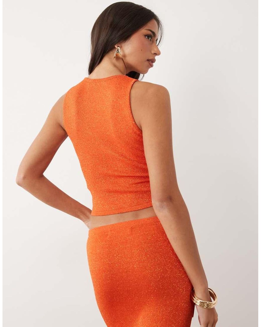 Wanderdoll Orange Eliza Metallic Knit Abstract Detail Scoop Neck Top Co-Ord