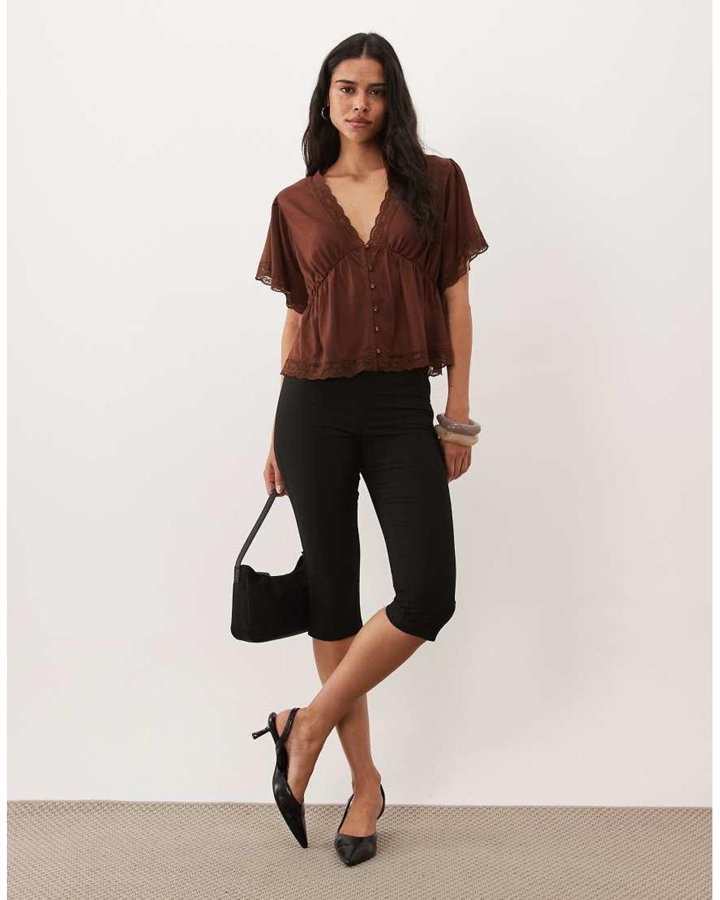 Miss Selfridge Brown Button Through Tea Top With Lace Trim
