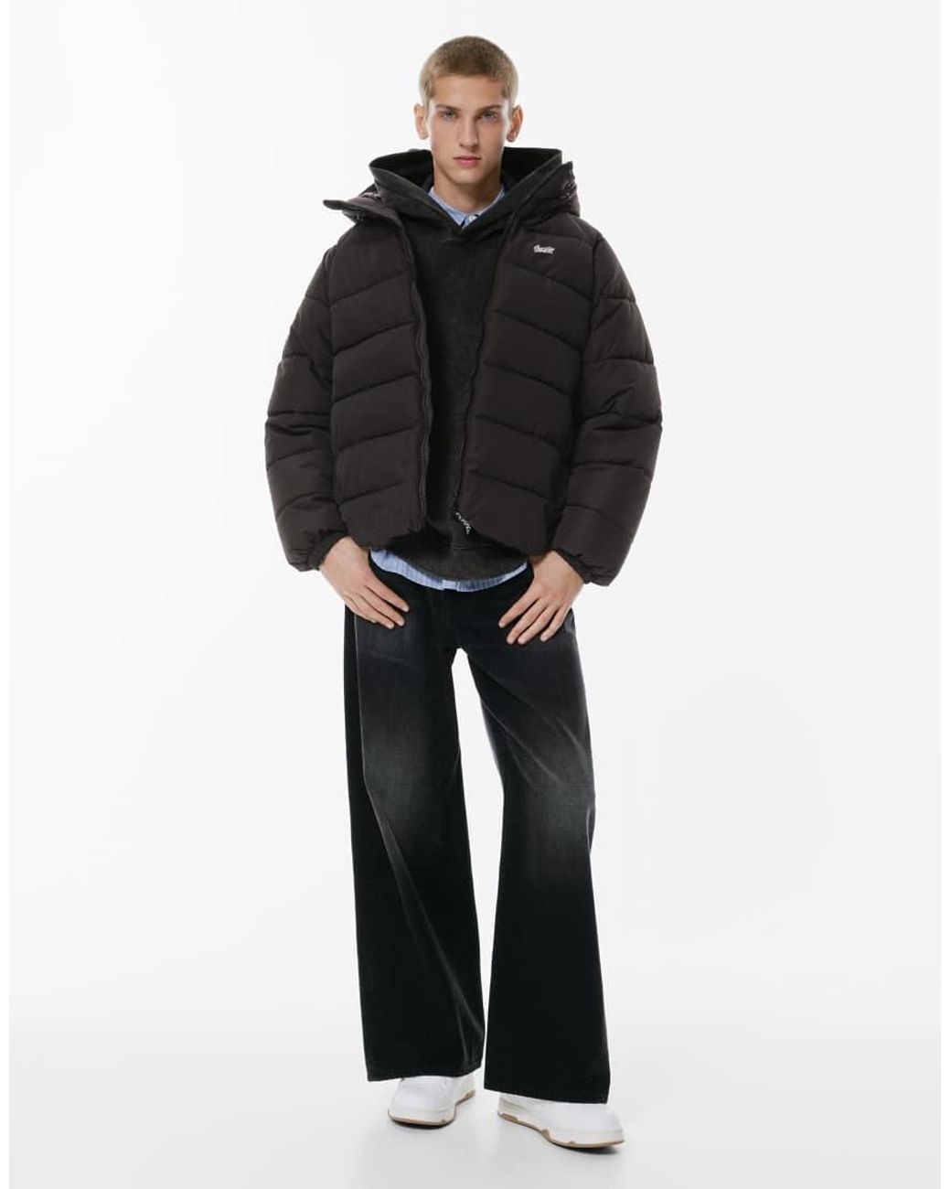 Pull&Bear Black Stwd Hooded Puffer Jacket for men