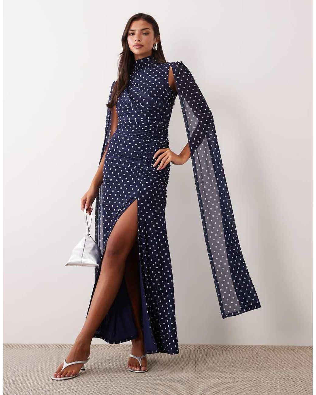 Ruched & Ready Blue Mesh High Neck Cape Detail Thigh Split Maxi Dress
