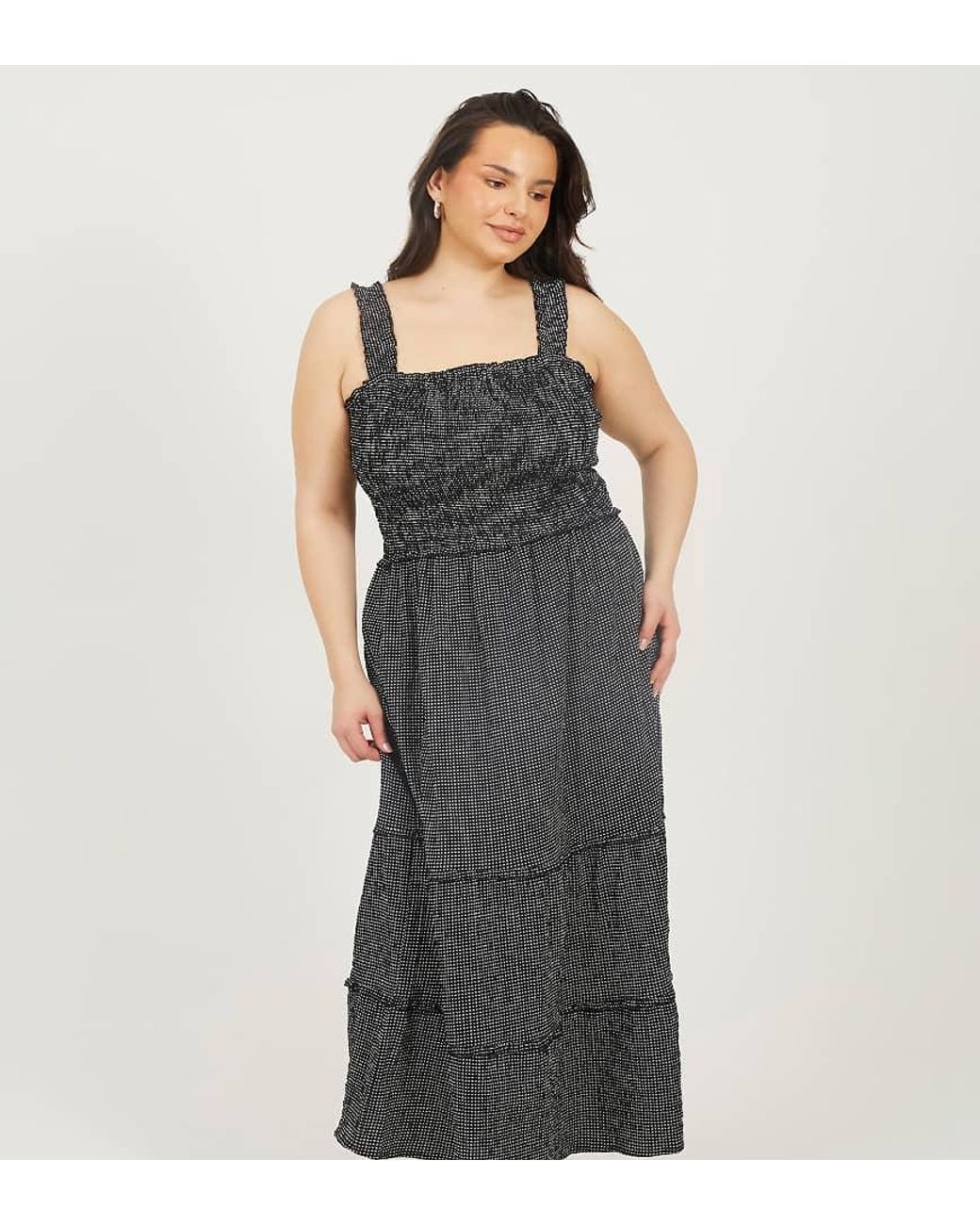 Brave Soul Black Curve Check Strappy Shirred Maxi Dress