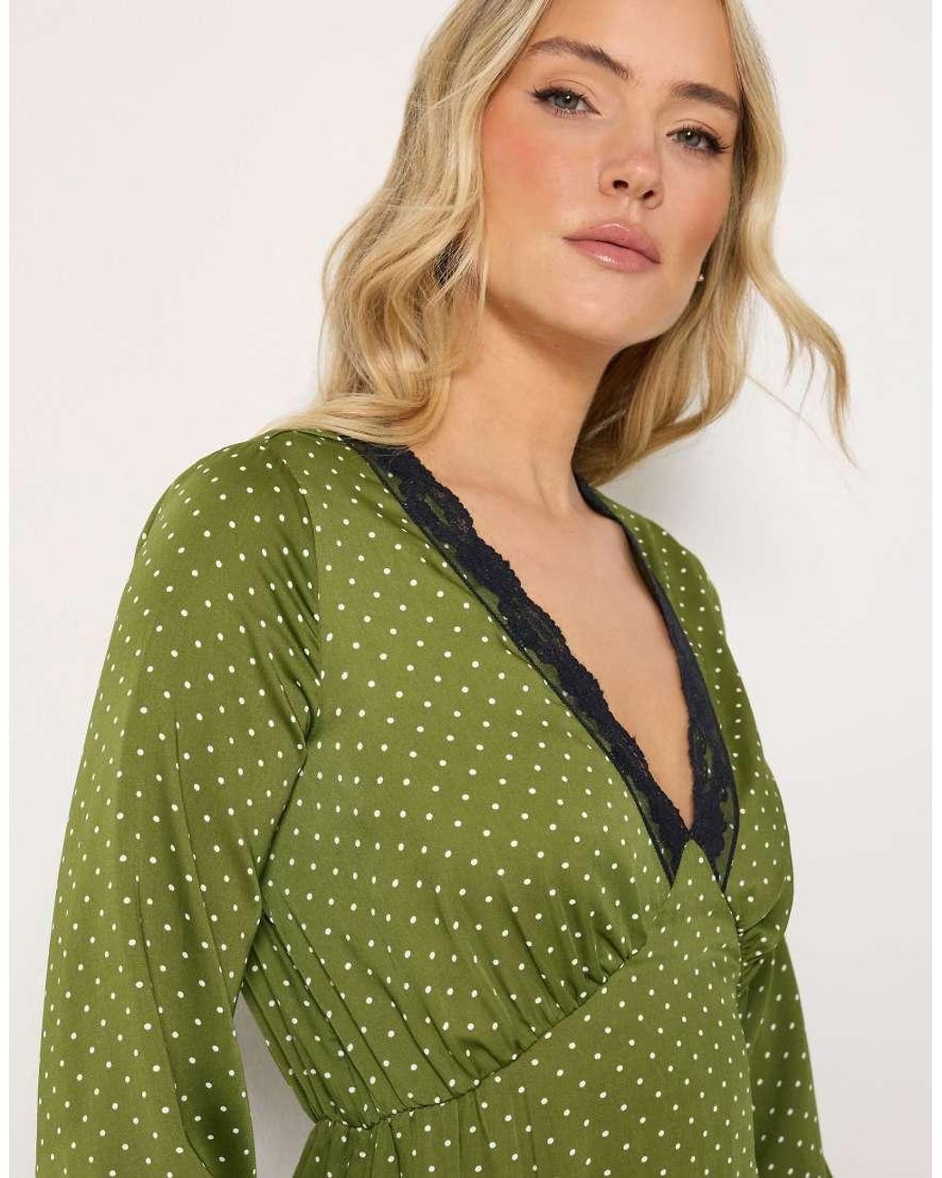 Long Tall Sally Green Polka Dot Lace Detail Satin Midi Dress