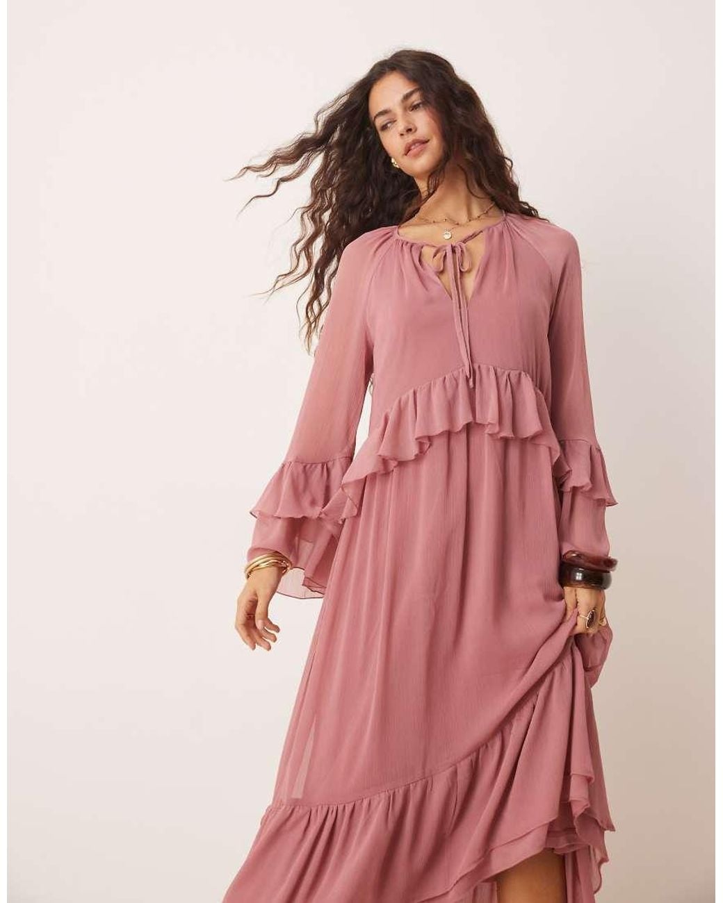 New Look Ruffle Hem Chiffon Long Sleeve Maxi Dress in Pink