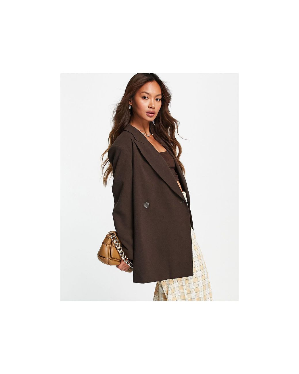 TOPSHOP Oversized Crepe Db Blazer in Brown Lyst