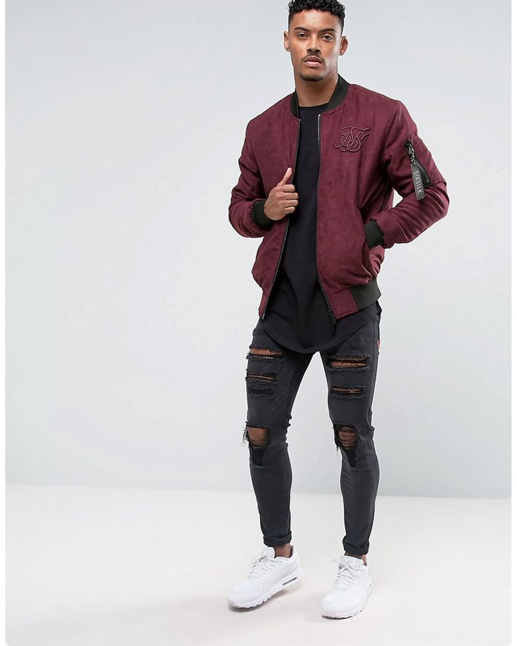 SIKSILK Bomber Jacket In Burgundy Faux Suede in Red for Men | Lyst