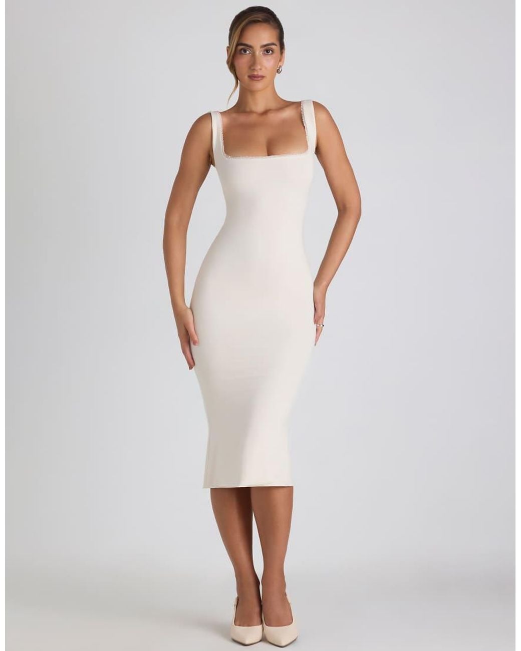 Oh Polly White Modal Lace Trim Square Neck Scoop Back Bodycon Midi Dress