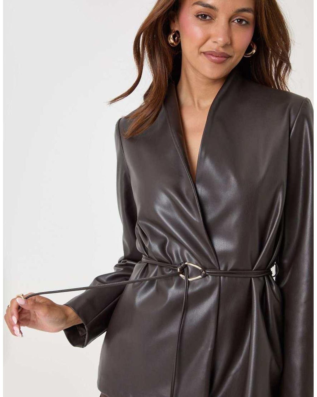 Threadbare Brown Faux Leather Belted Blazer