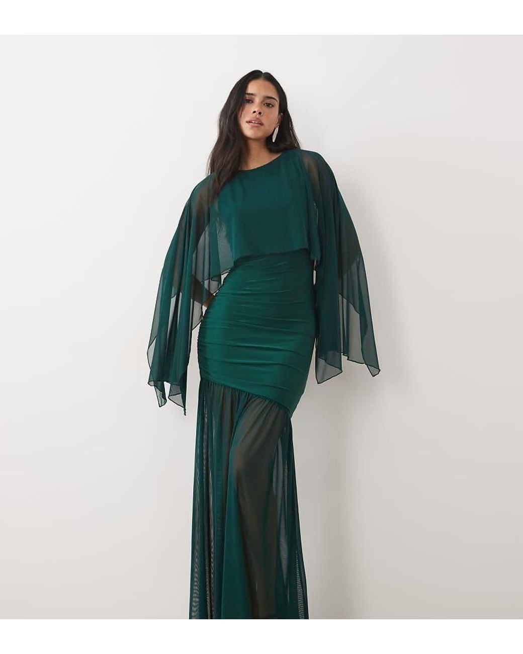 Kaiia Green Exclusive Double Layered Slinky Drop Waist Floaty Mesh Cape Overlay Sheer Hem Maxi Dress