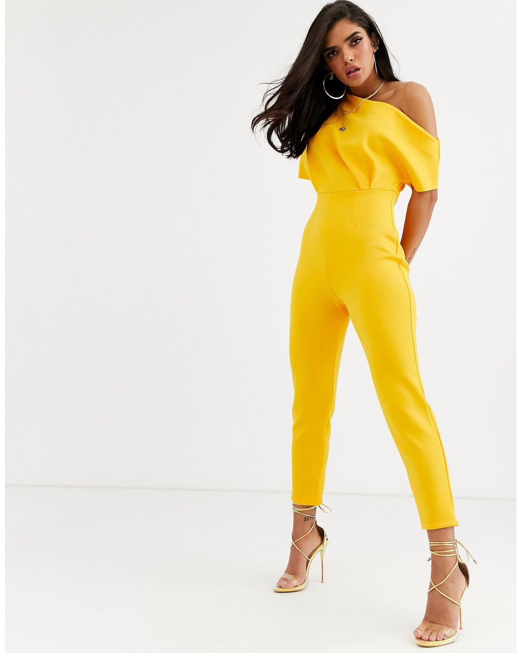 ASOS Scuba One Shoulder Jumpsuit With Tuck Detail in Yellow | Lyst UK