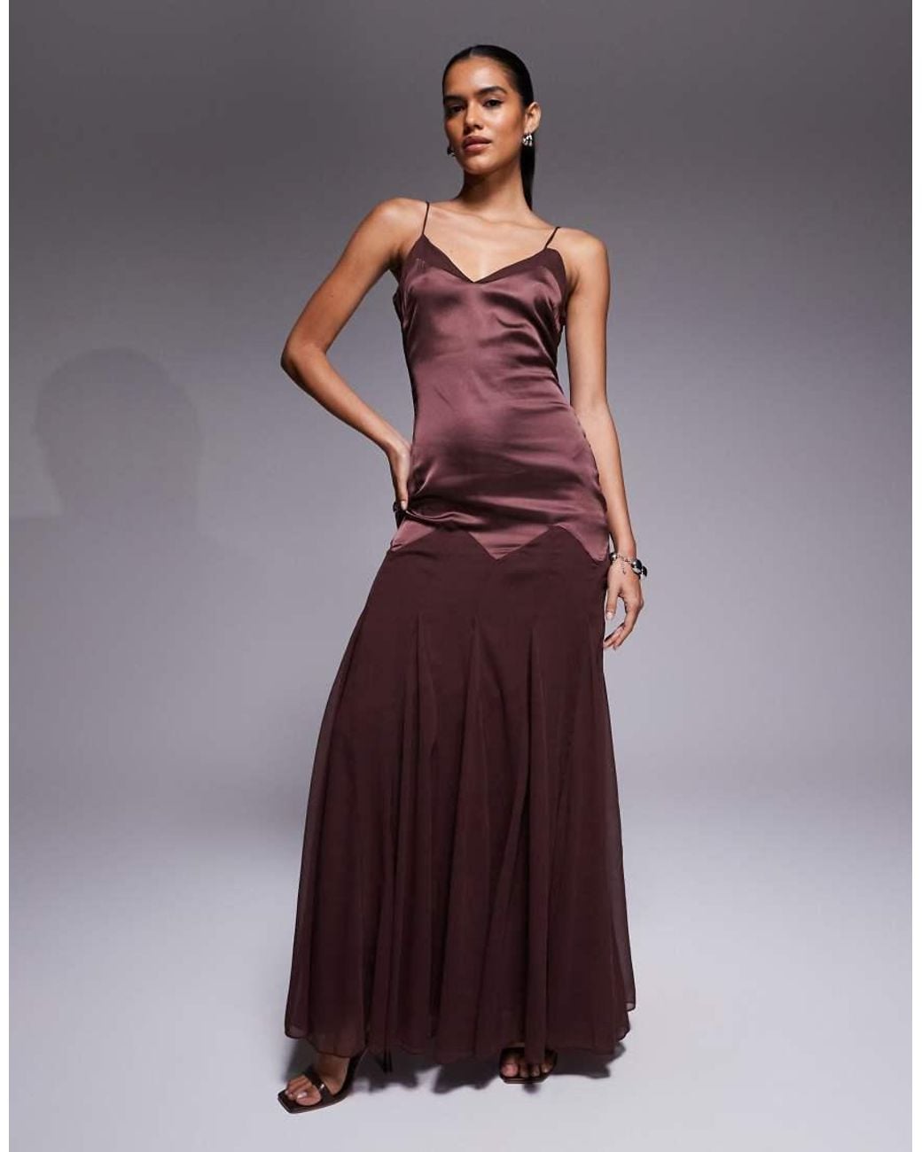ASOS Purple Dropped Waist Satin And Chiffon Mix Maxi Dress With Full Godet Skirt