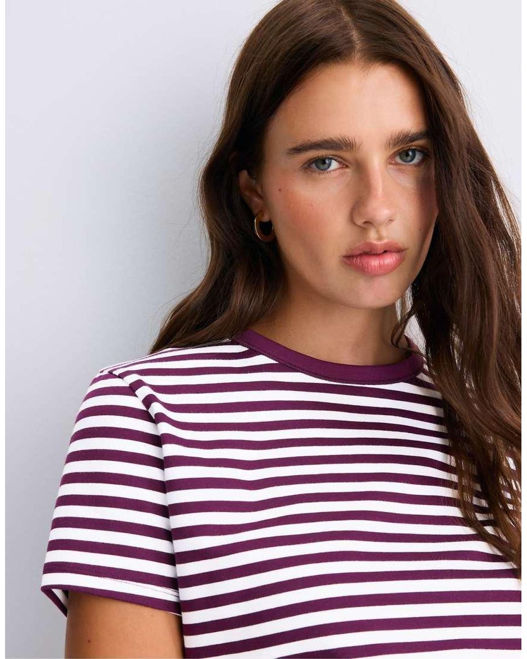 Stradivarius Purple B02 Basic Striped Regular Fit Soft-touch T-shirt