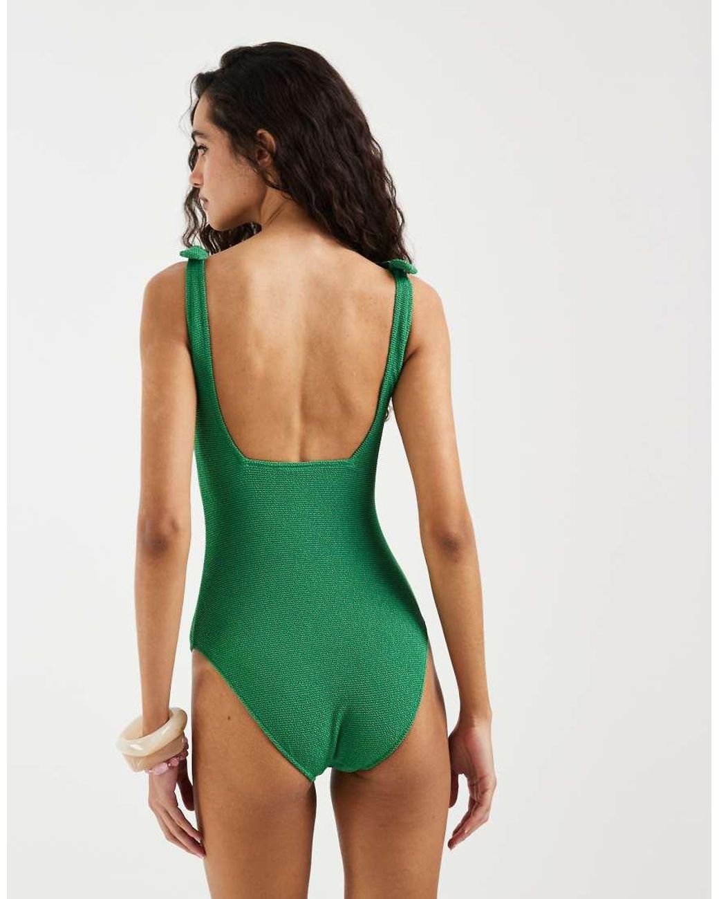 & Other Stories Green Crinkle Swimsuit With Knot Detail