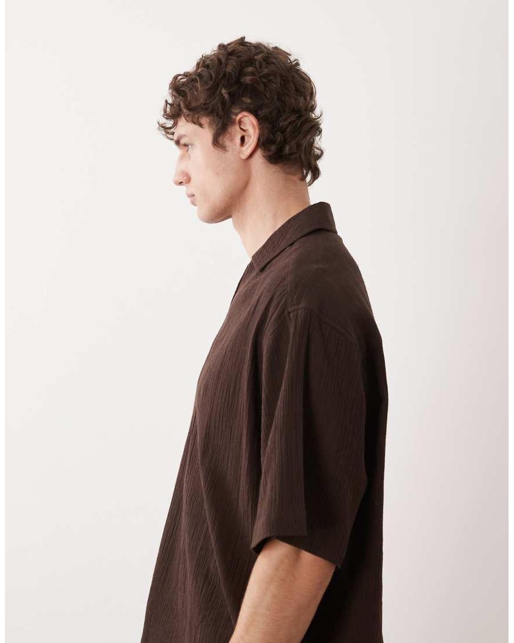 ASOS Brown Co-ord Boxy Oversized Overhead Revere Crinkle Texture Shirt for men