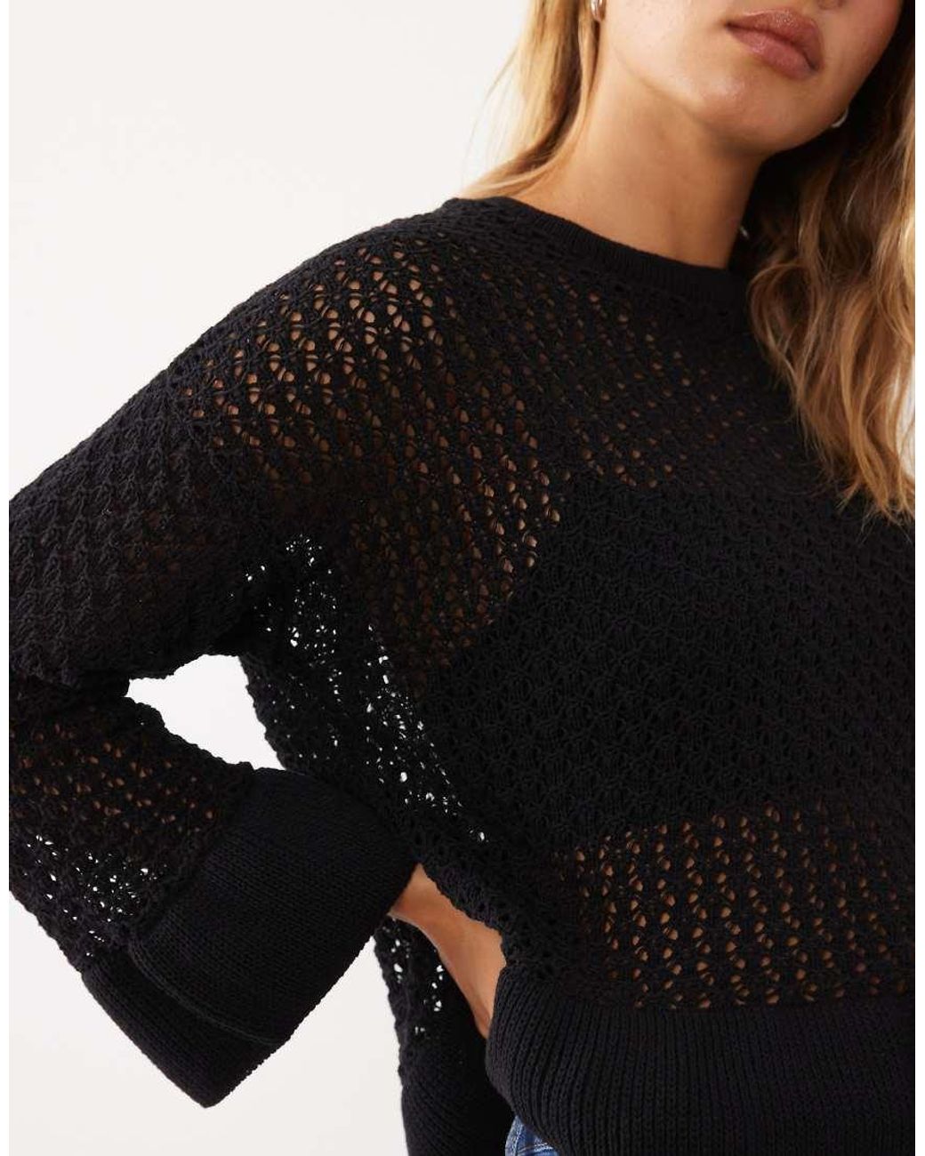 Miss Selfridge Blue Crochet Sweater With Peplum Hem And Sleeve