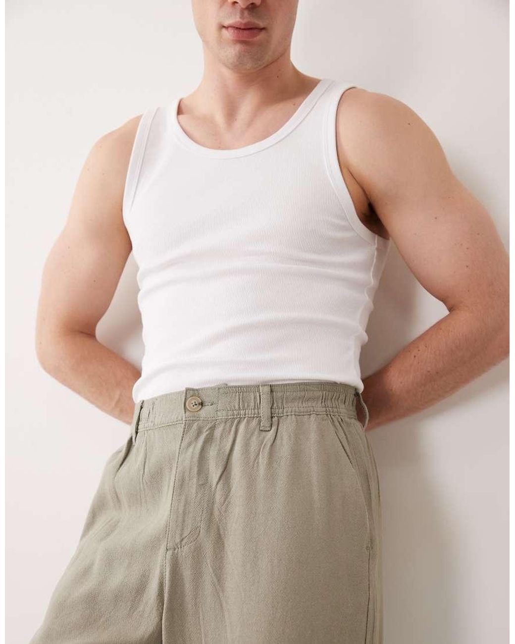 ASOS Natural Baggy Linen Blend Trousers for men