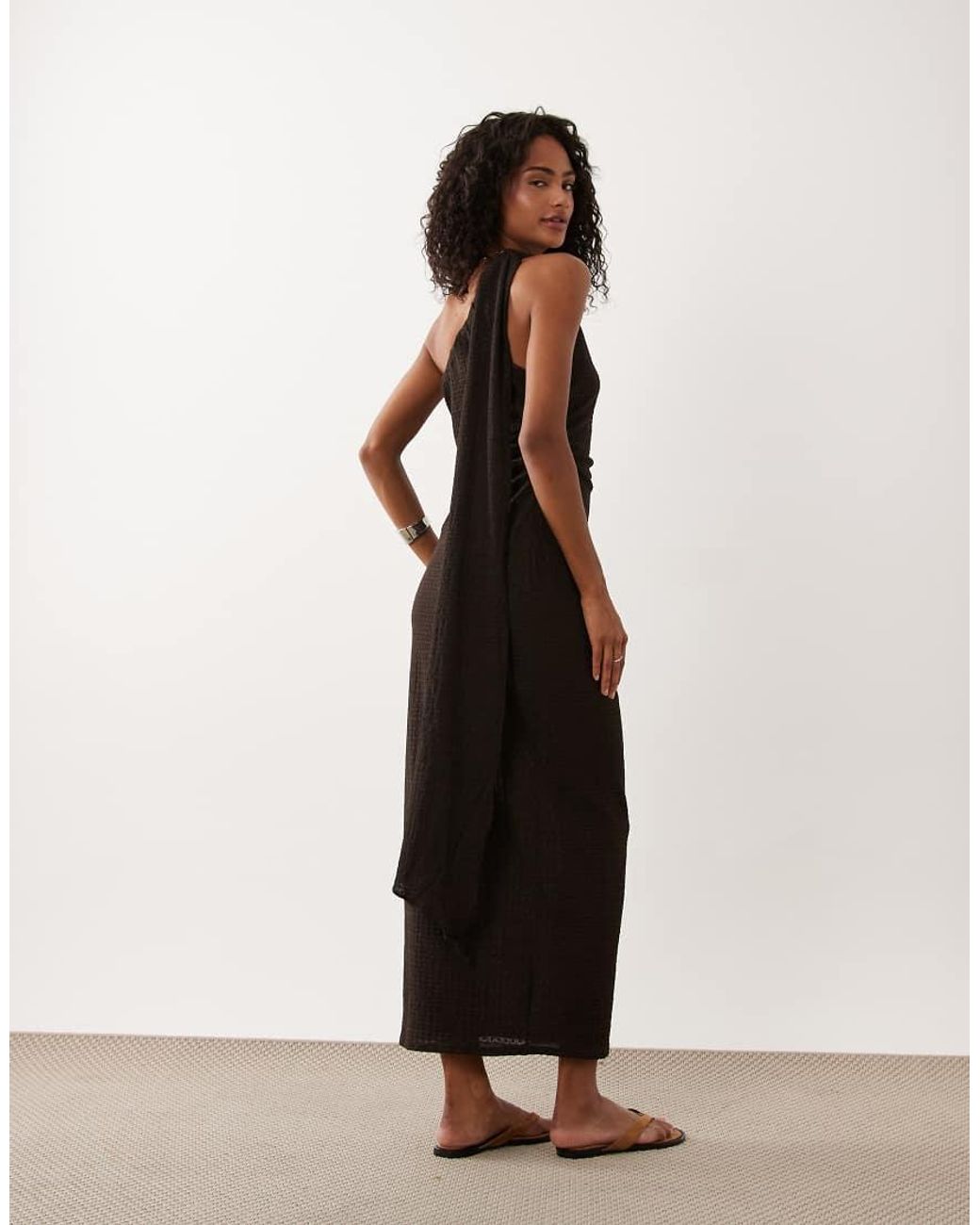 ASOS Black On Shoulder Scarf Detail Textured Midi Dress