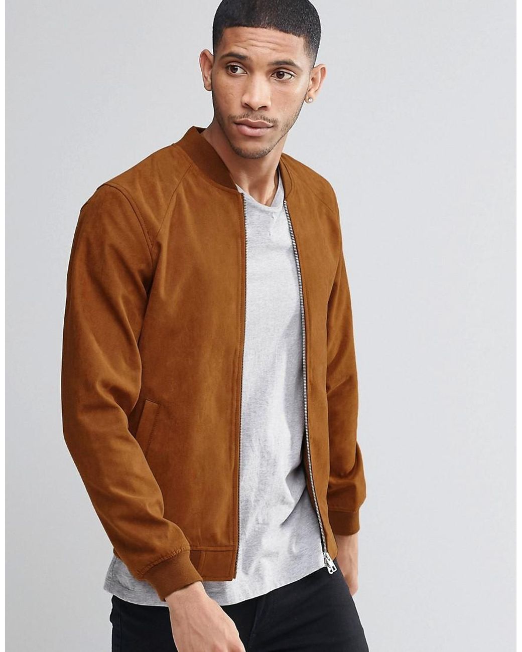 Pull&Bear Faux Suede Bomber Jacket In Tan in Brown for Men | Lyst