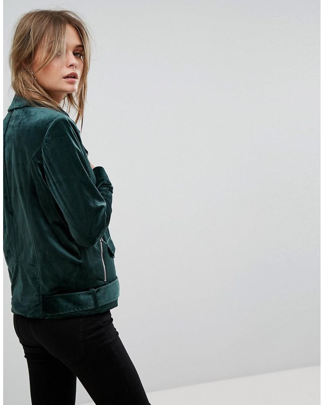 Vero Moda Velvet Biker Jacket in Green | Lyst