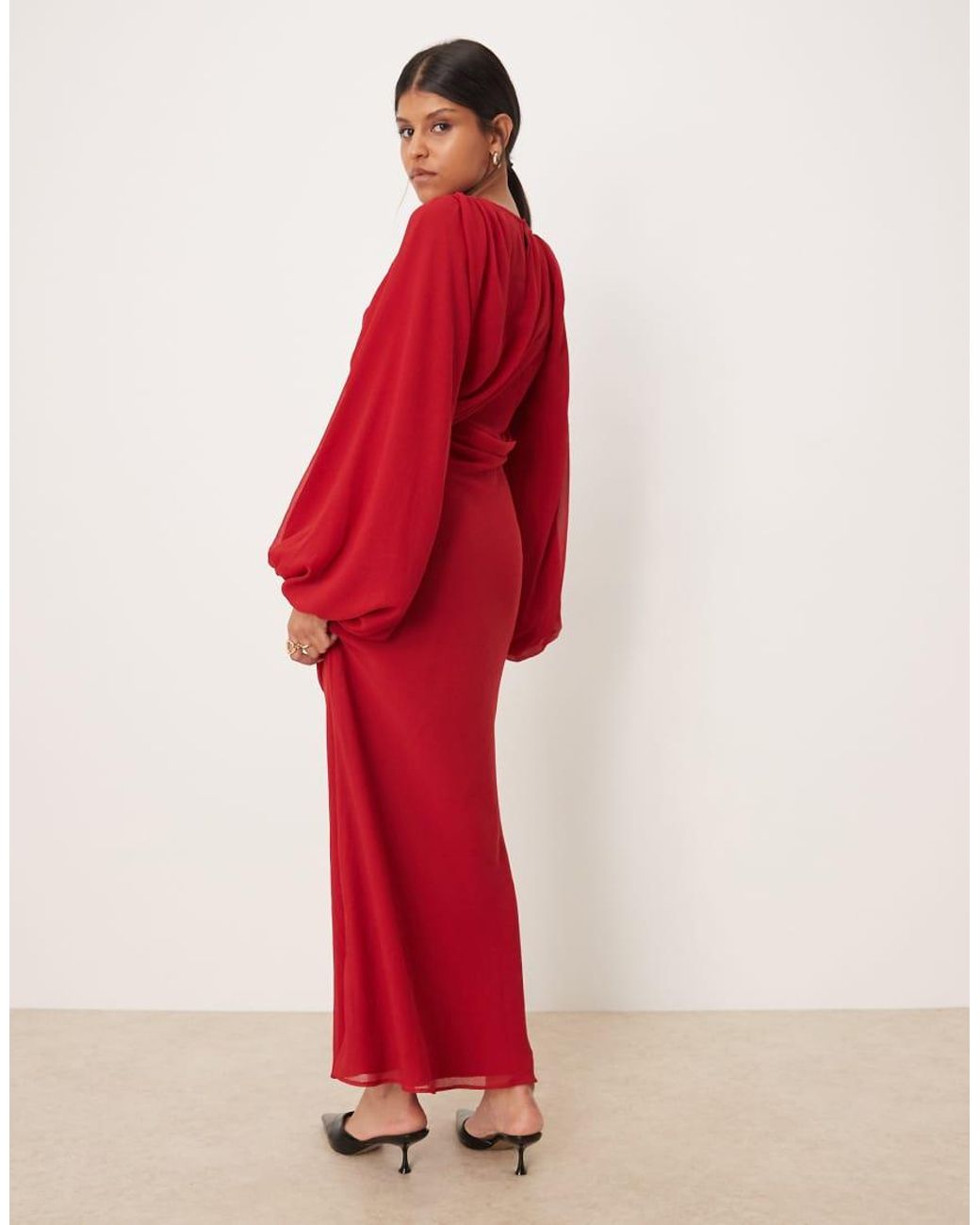 ASOS Red Drape Front Maxi Dress With Blouson Sleeves