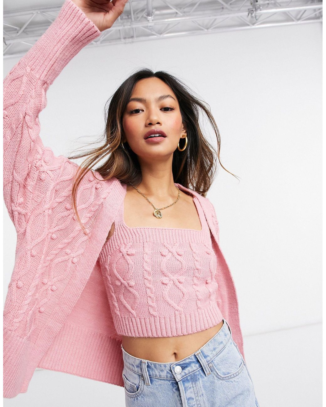 River Island Cable Knit Cardigan And Bralet Set in Pink | Lyst