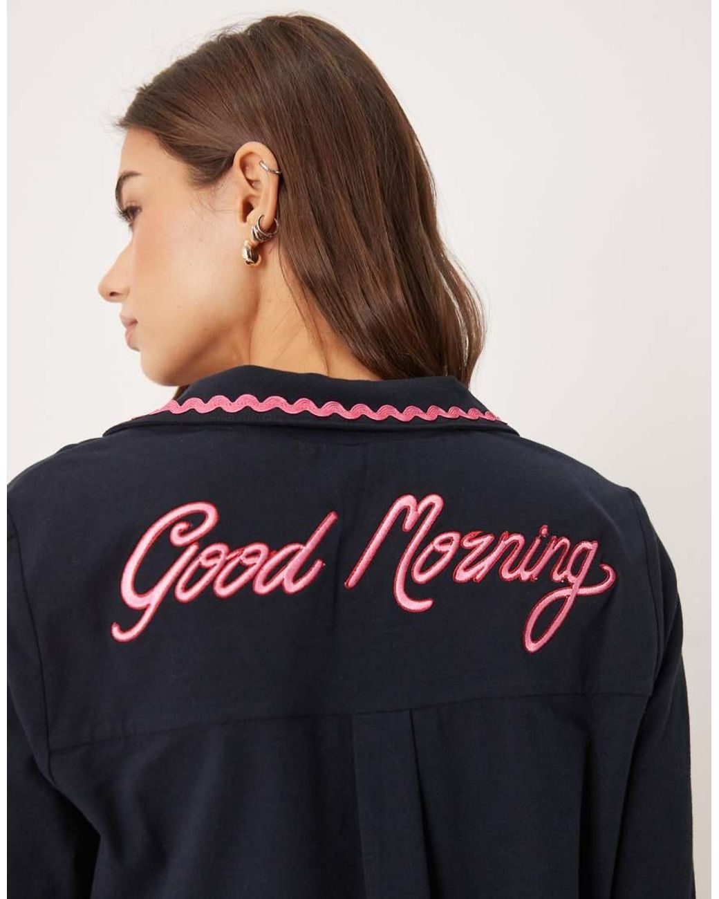 Chelsea Peers Blue Long Button Up Pajama Set With Good Morning Embroidery And Wavy Trim