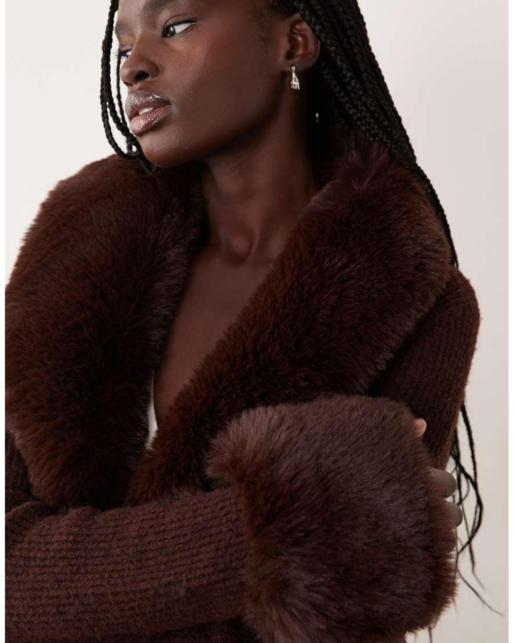 Miss Selfridge Brown Button Through Longline Cardigan With Fur Collar And Cuff