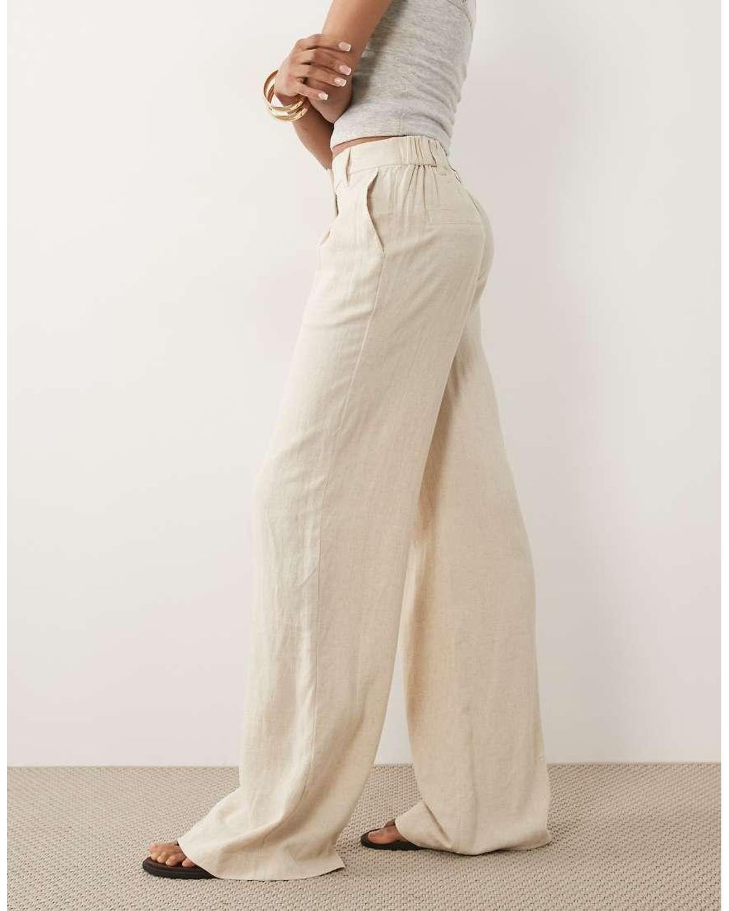 ASOS Natural Asos Design Tall Wide Leg Linen Blend Pants With Pleat Detail