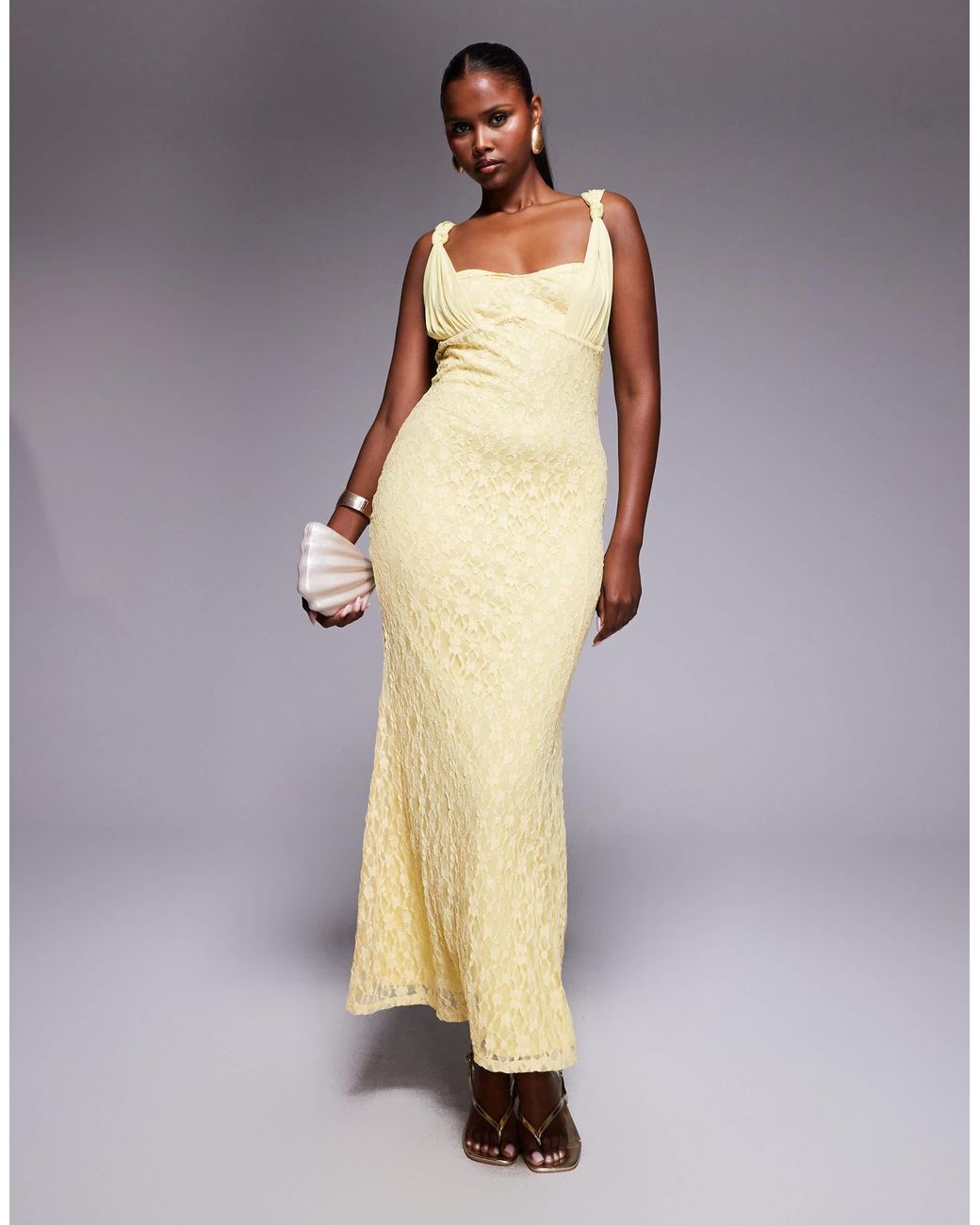 ASOS Cami Lace Maxi Dress With Overlaid Mesh Strap Detail in Yellow | Lyst