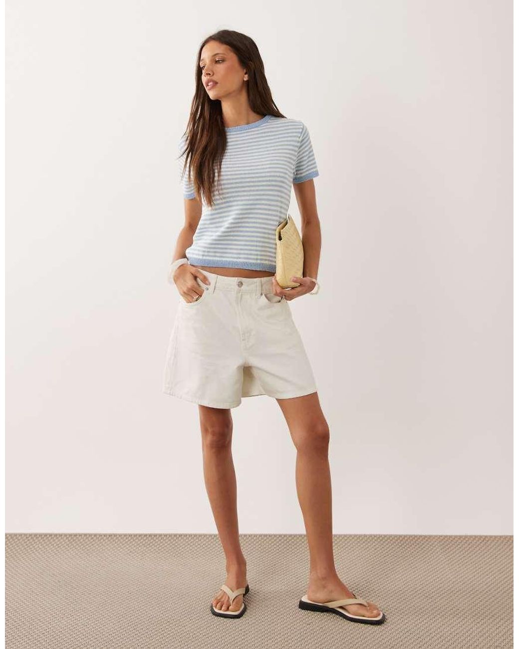 Mango Blue Cotton Rich Short Sleeve Knitted Top