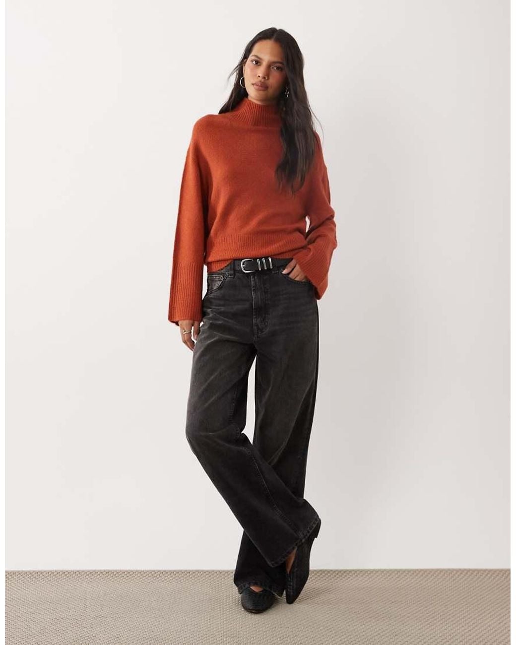 Brave Soul Red Split Hem Roll Neck Jumper With Wide Sleeves