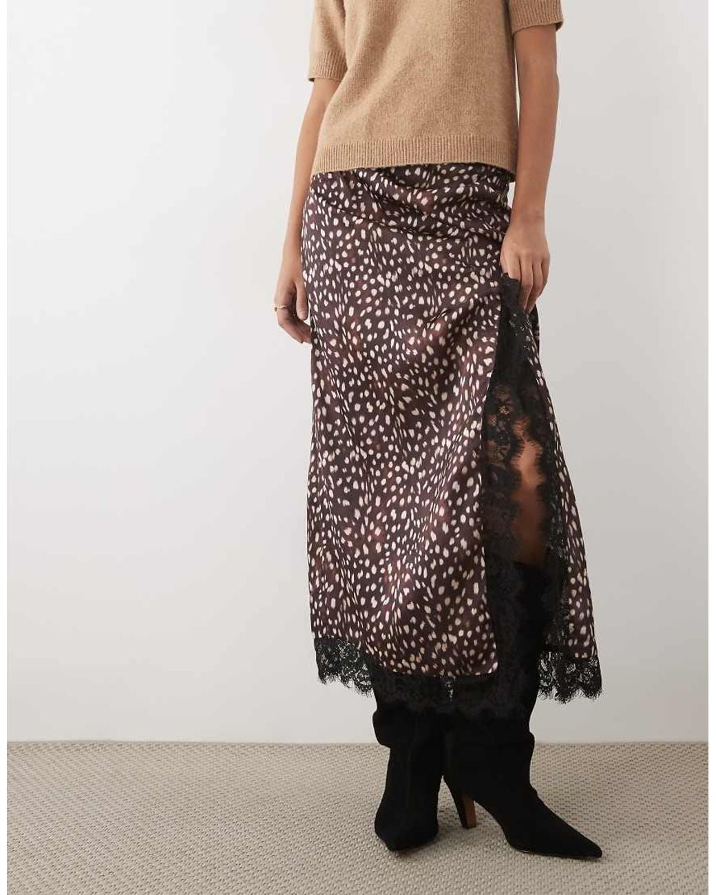 ASOS Multicolor Lace Insert High Split Satin Midi Skirt