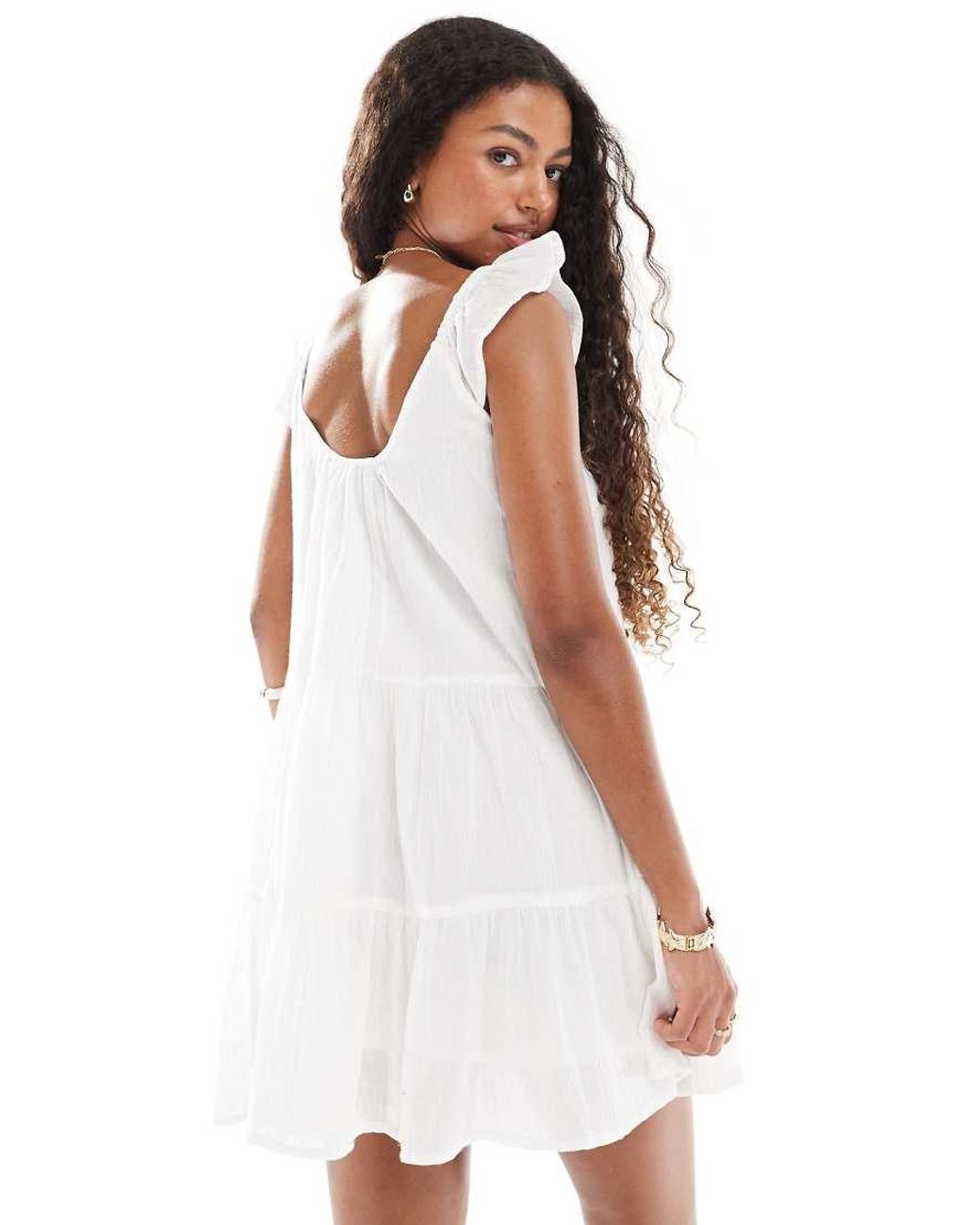 ONLY White Scoop Neck Cheesecloth Tiered Mini Dress
