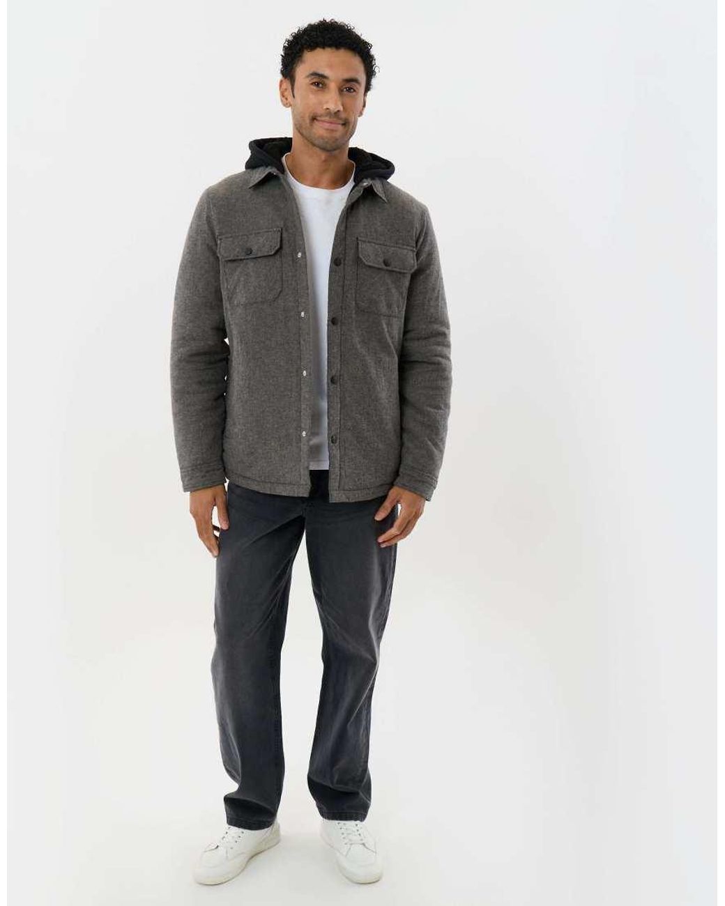Threadbare Gray Herringbone Flannel Shacket With Sherpa Lined Hood for men