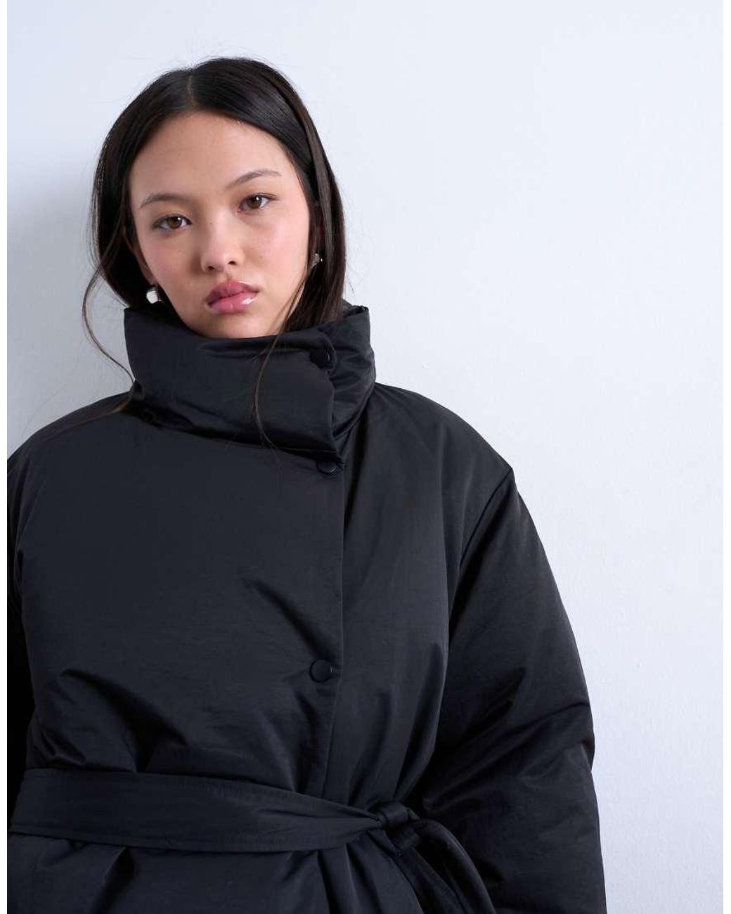TOPSHOP Natural Funnel Neck Longline Belted Puffer Jacket