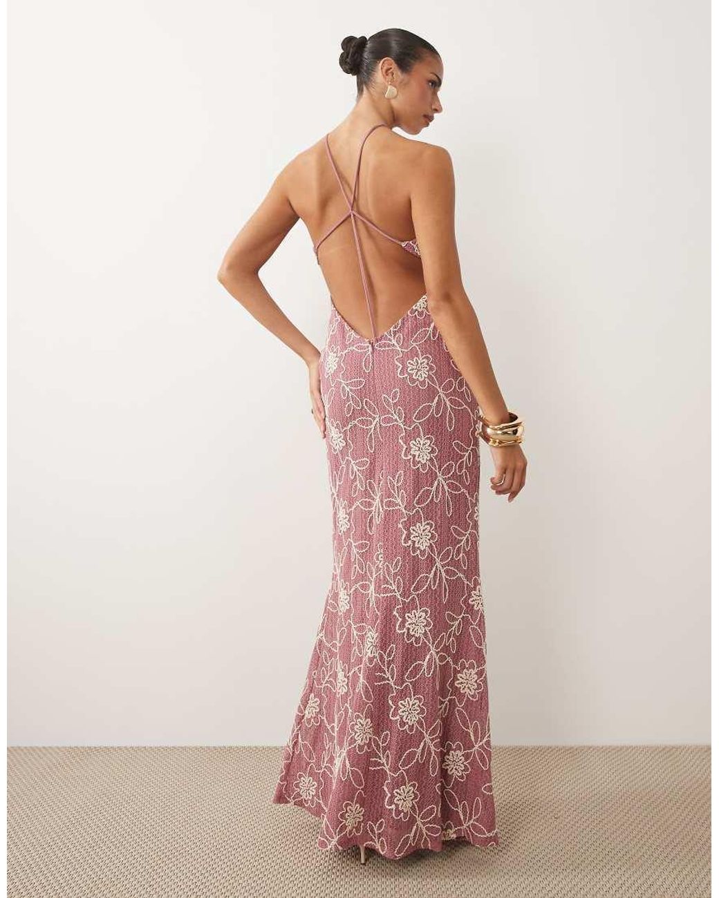 ASOS Pink Embroidered Crochet Maxi Dress With U Scoop
