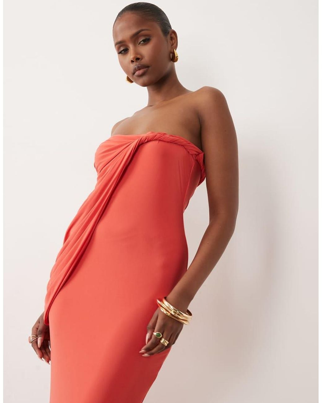 ASOS Red Bandeau Slinky Maxi Dress With Draped Twist Neckline