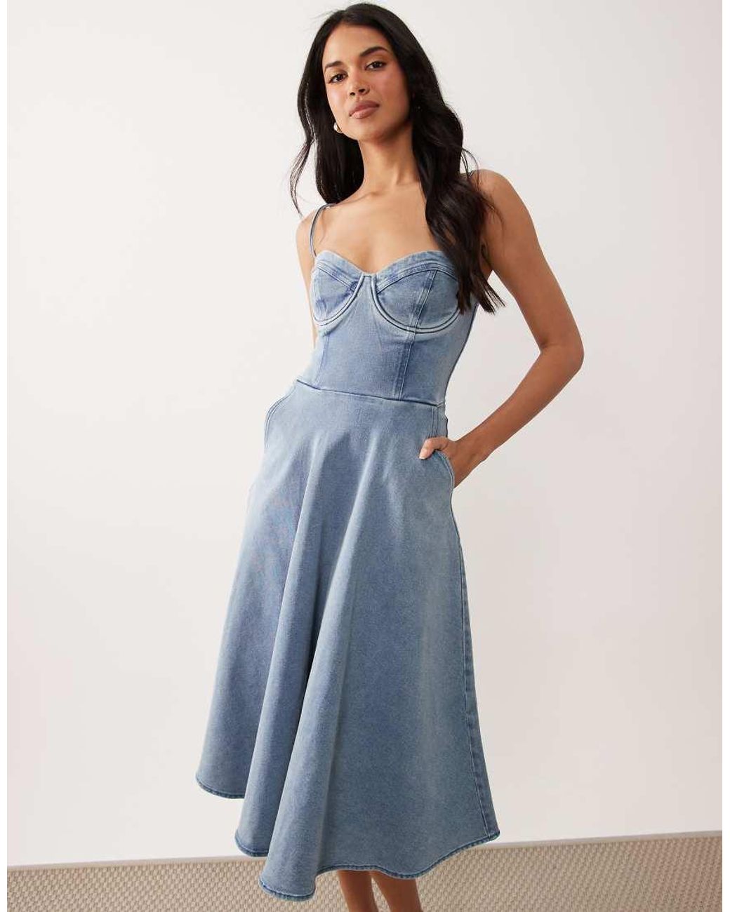 TFNC London Blue Stretch Denim Cami Cup Detail Full Skirt Midi Dress