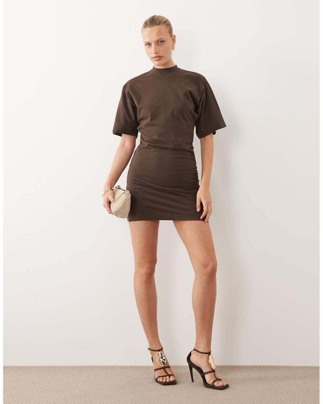 Noughts & Kisses Brown Cotton Sculpted High Neck Ruched Waist Mini Dress