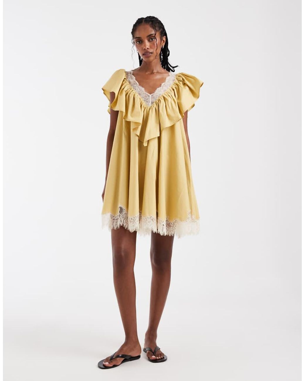 ASOS Pink V Neck Poplin Ruffle Mini Dress With Lace Trims